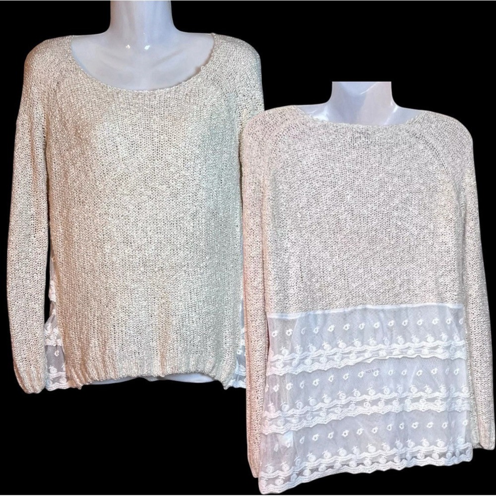 Katsumi Fairy Scoop Neck Twee Romantic‎ Lace Trim Pullover Tunic Sweater S